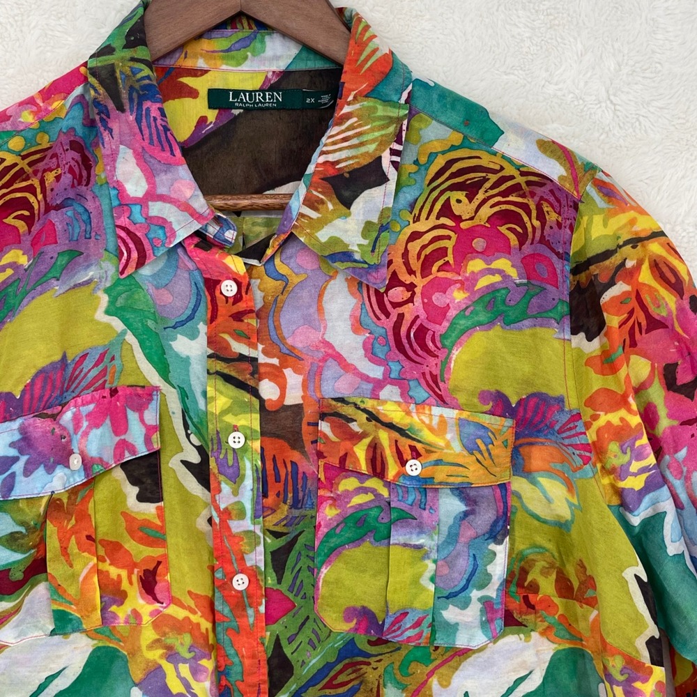 Lauren Ralph Lauren 2X Cotton Silk Paisley Floral Button Down Shirt Maximalist